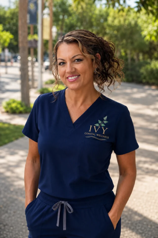 Founder of IVY Coastal Wellness in branded scrubs
