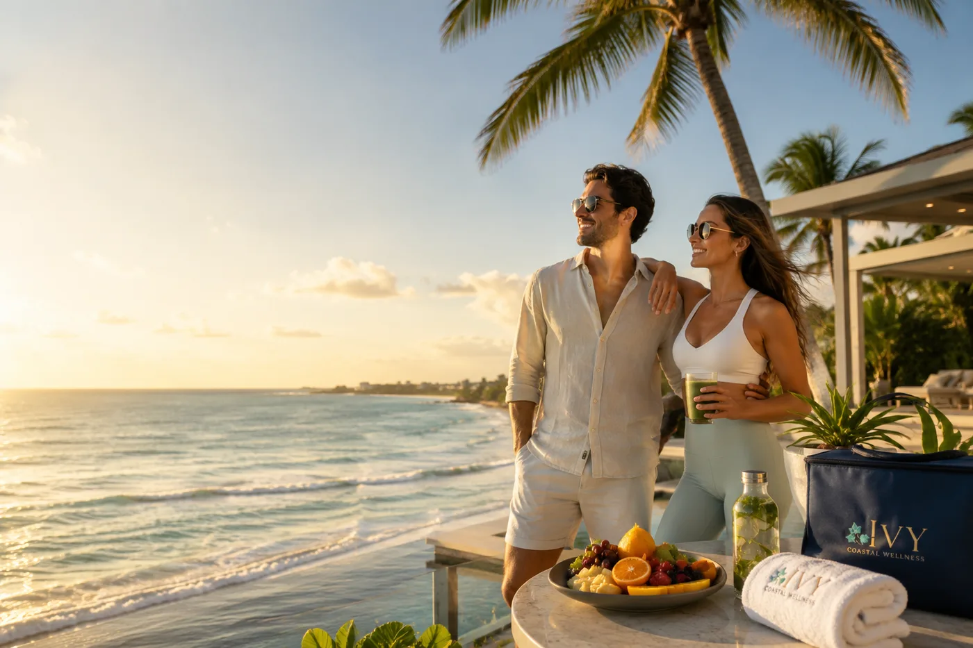 A couple enjoying coastal wellness at sunset with IVY Coastal Wellness products